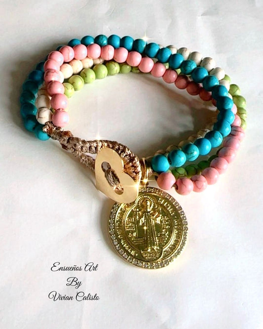 San Benito Summer Bracelet — handmade turquoise beads with gold-plated Saint Benedict charm