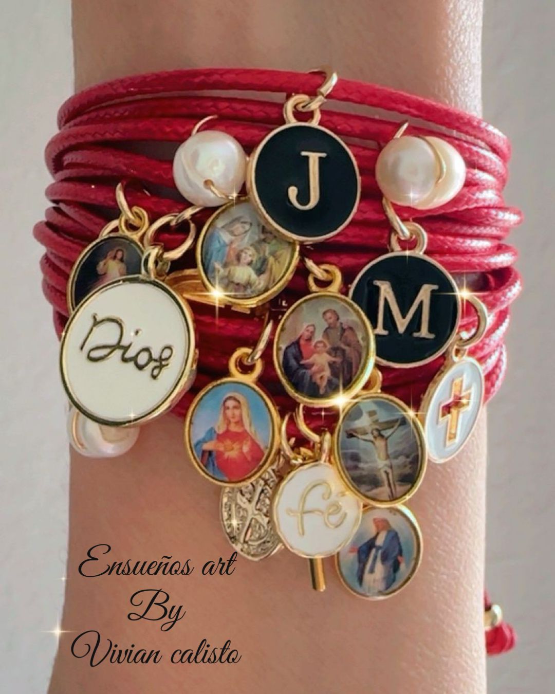 Pamela Santidad Bracelet — handmade cotton cord with gold-plated faith charms